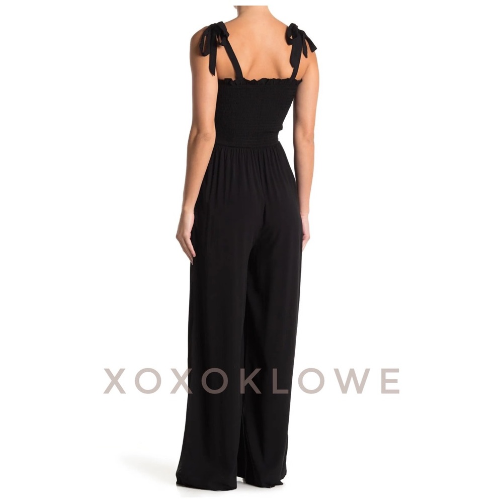 POL Black Relaxed Fit Smocked Jumpsuit Self Tie Shoulder Ribbons - Picture 12 of 16